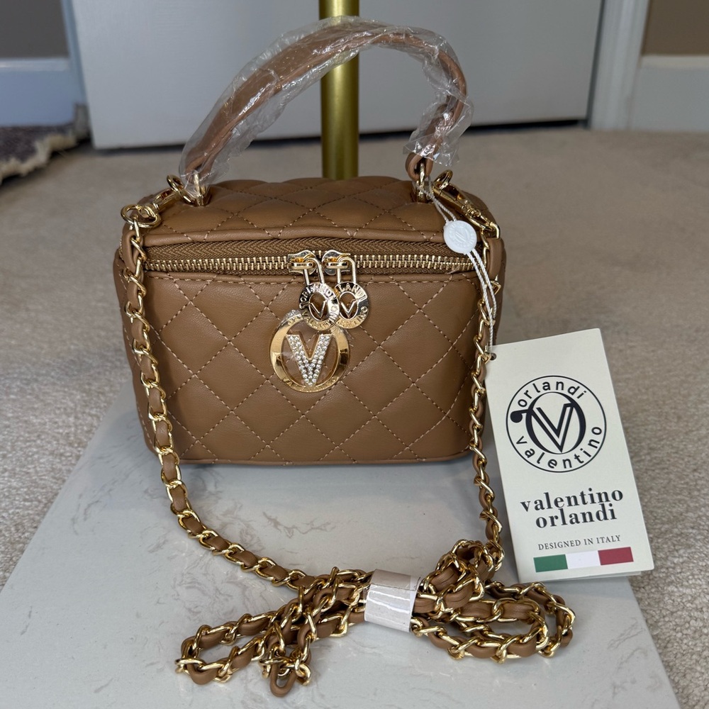 NWT Valentino Orlandi Quilted Vanity Bag Brown/Taupe with Gold Chain Strap